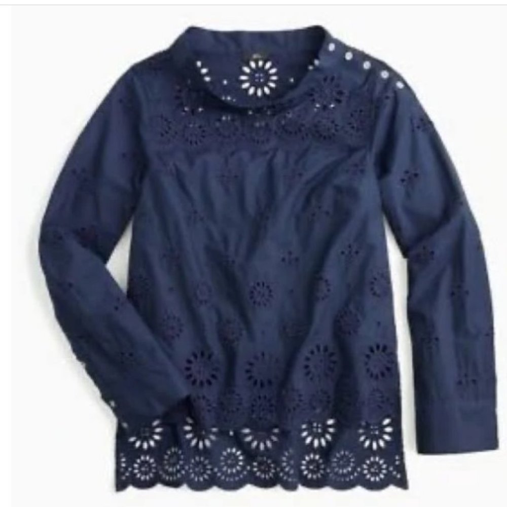 J. Crew Eyelet Funnel Neck Shirt, Navy Blue sz 8. New With Tags Mint.